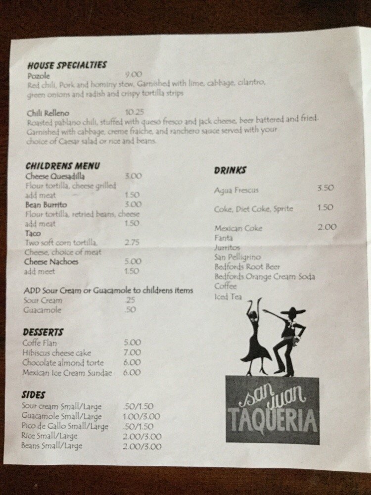 Menu San Juan Taqueria